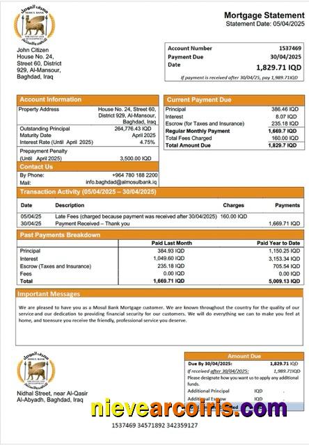 Iraq Mosul Bank mortgage statement Word and PDF template